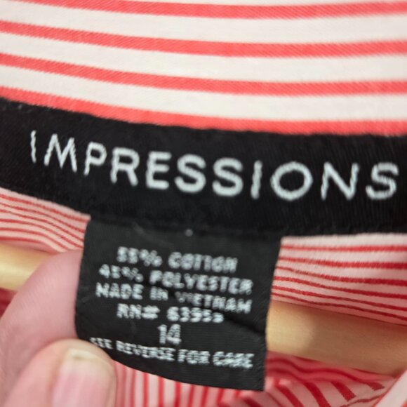 Impressions Red White Striped Santa Holiday Embroidered Button Up Shirt Size 14 - Picture 6 of 11